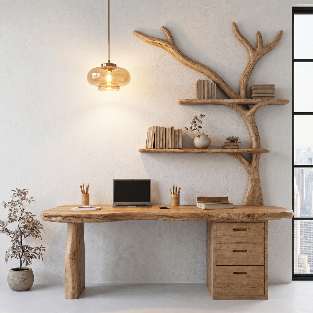 Tree Branch Desk with Bookshelf and Drawers, Live Edge Solid Wood