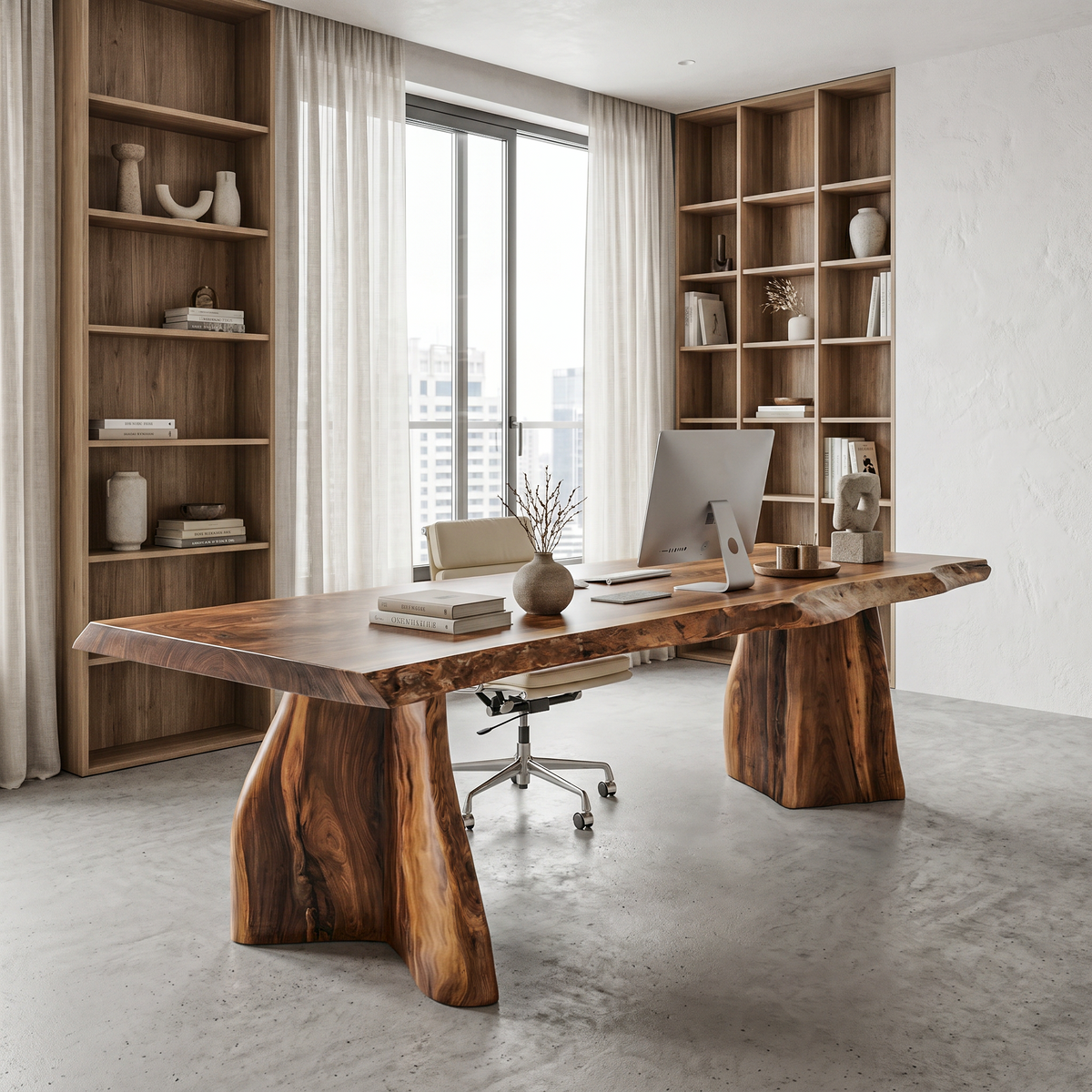 Live Edge Executive Desk, Rustic Solid Wood Desk with Sculptural Base
