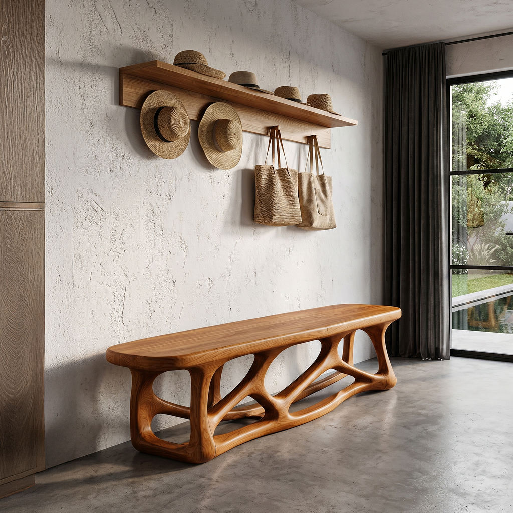 Contemporary Wood Bench With Flowing Organic Design For Hallway And Entryway