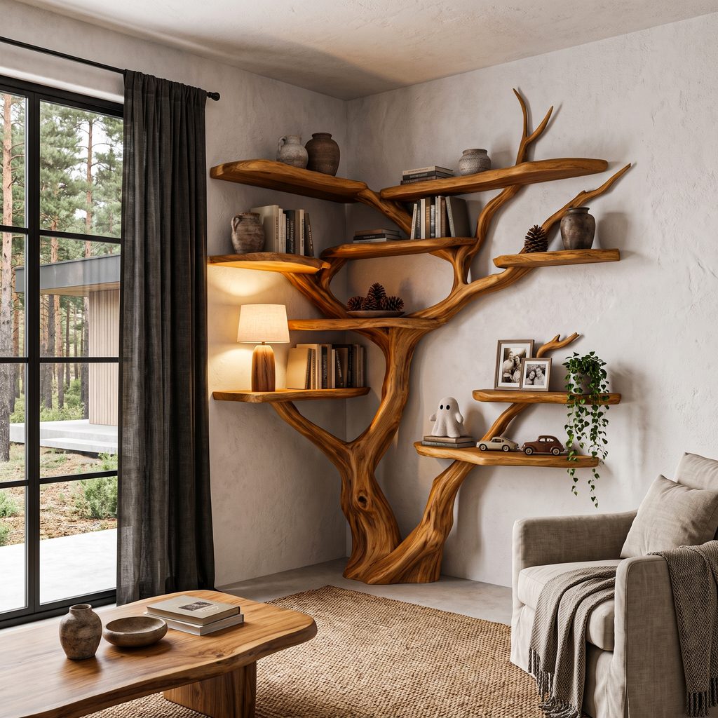 Contemporary Tree Bookshelf With Corner Branch Design For Home Office