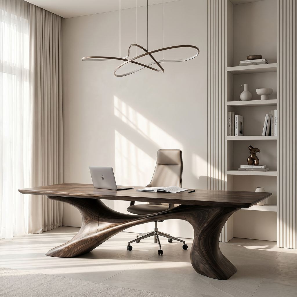 Sculptural Wood Office Desk, Organic Modern Executive Workstation