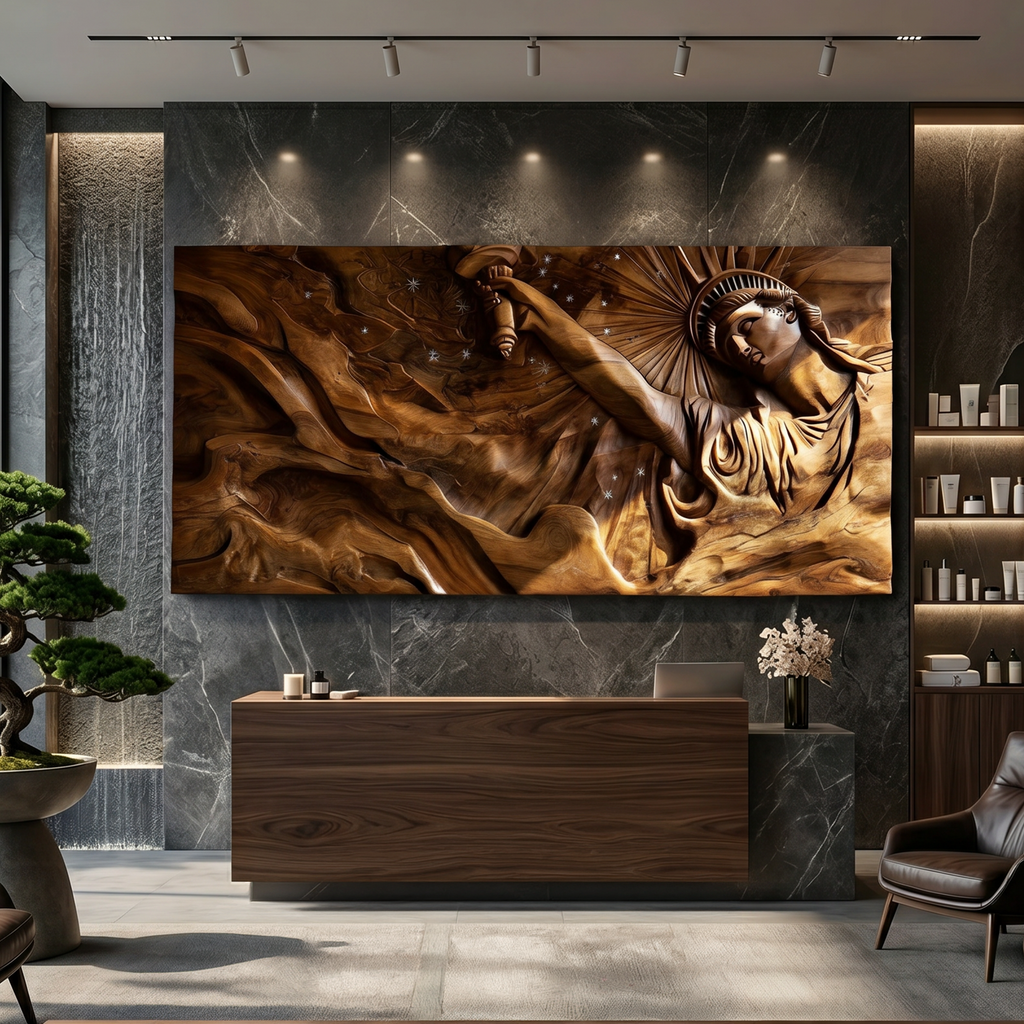 Contemporary Luxe Liberty Wood Wall Art Reception Lobby Interior Design
