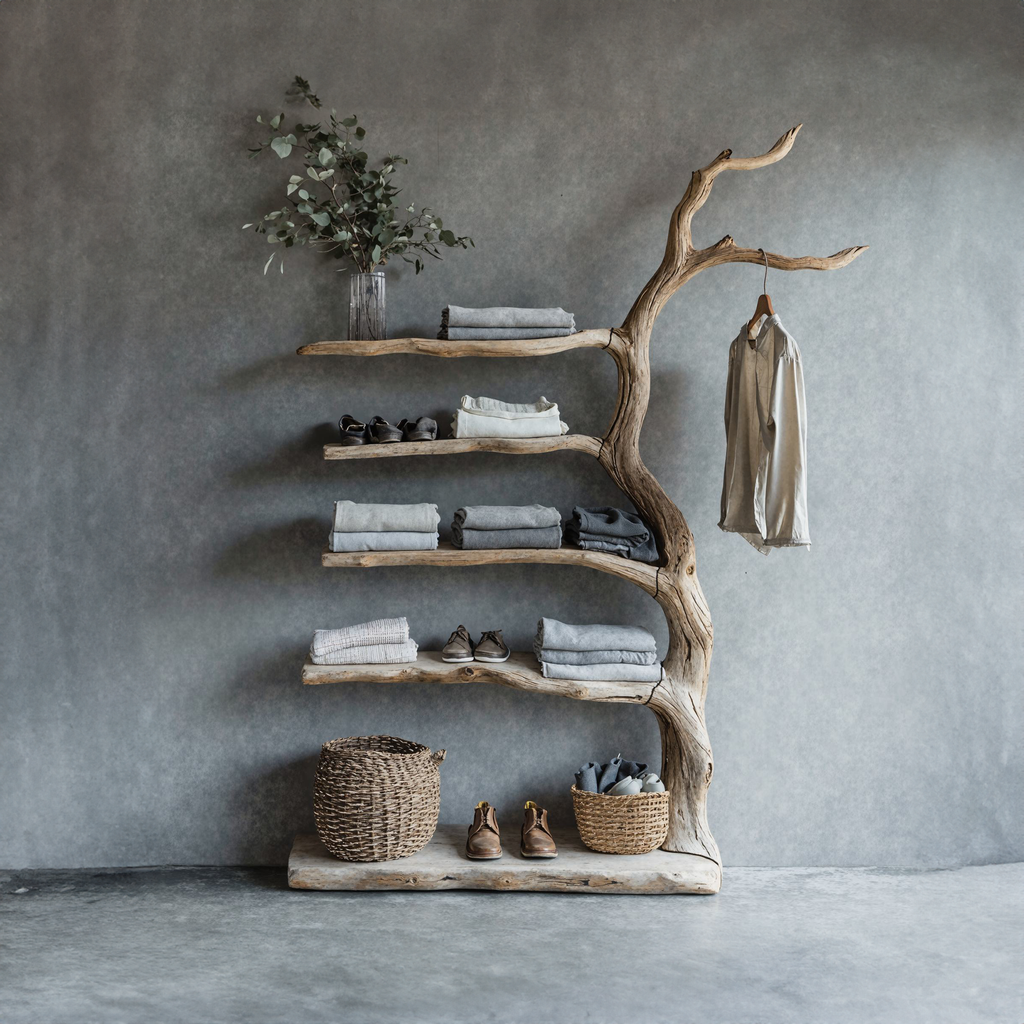 Driftwood Tree Branch Coat Rack With Shelf Shoe Storage