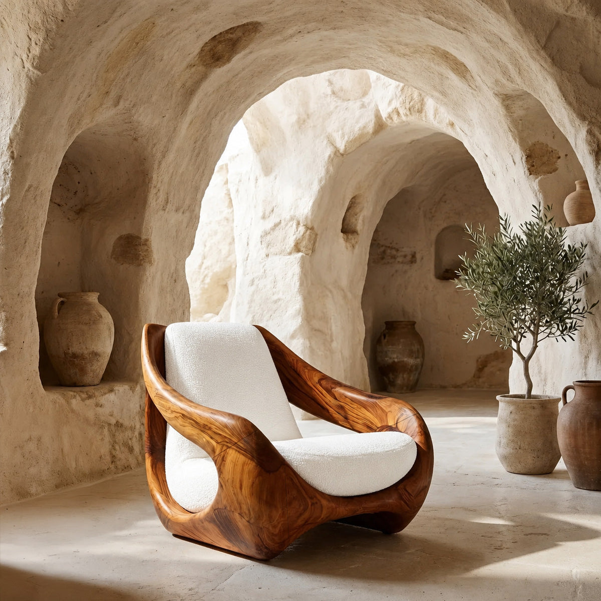 Sculptural Accent Chair, Solid Wood Lounge Armchair for Living Room