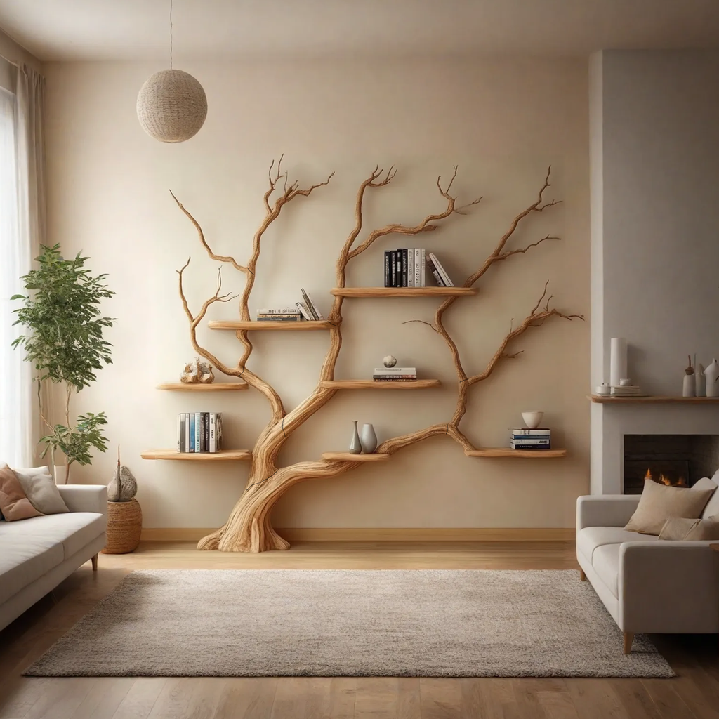 Branch Tree Wall Shelf, Rustic Wall Mounted Bookshelf, Extra Wide