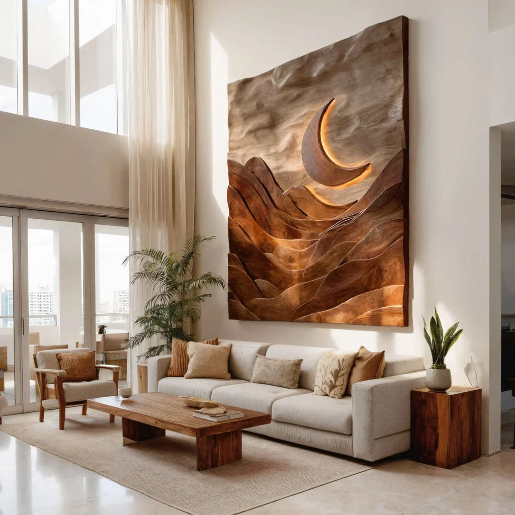 Large Crescent Moon Wood Wall Art For Living Room