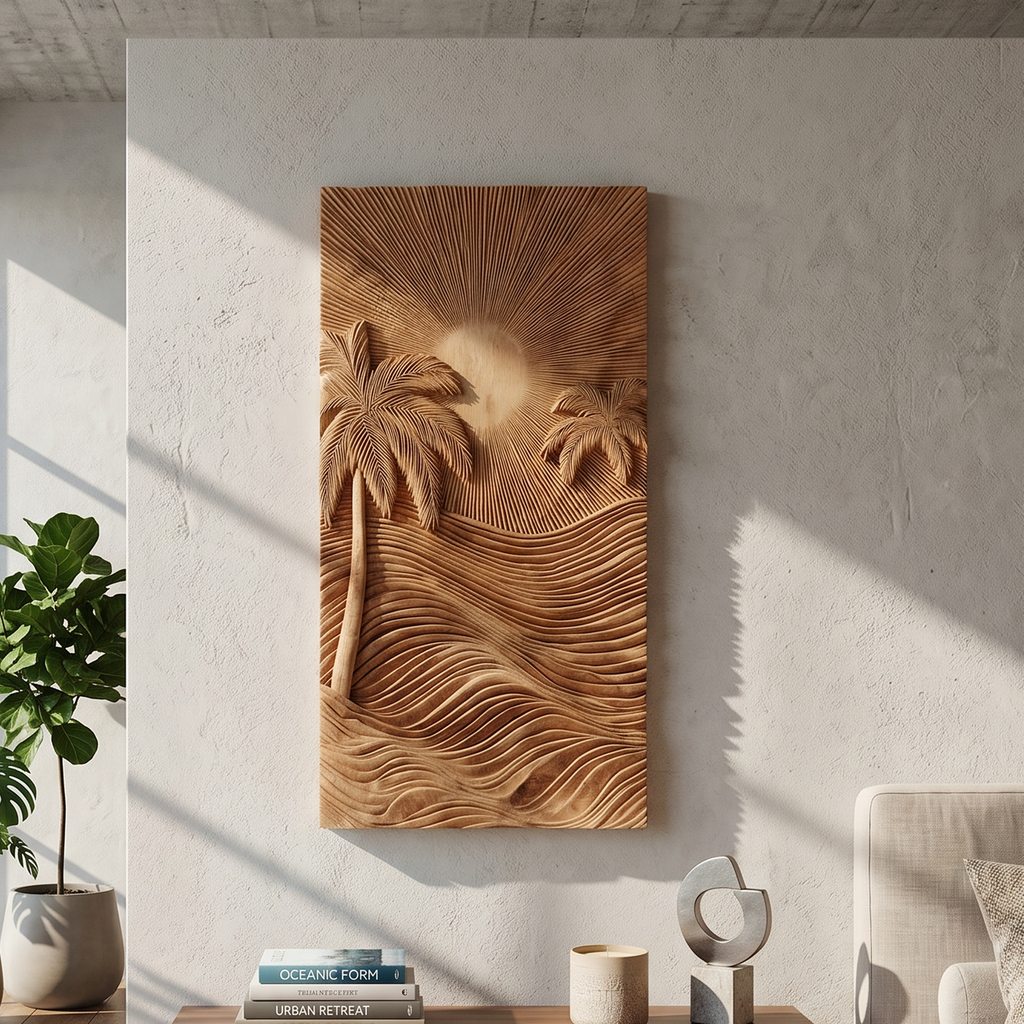 Handcrafted Tropical Wooden Wall Sculpture, Carved Palm Leaf Wood Wall Decor for Elegant Beach House Coastal Living Room