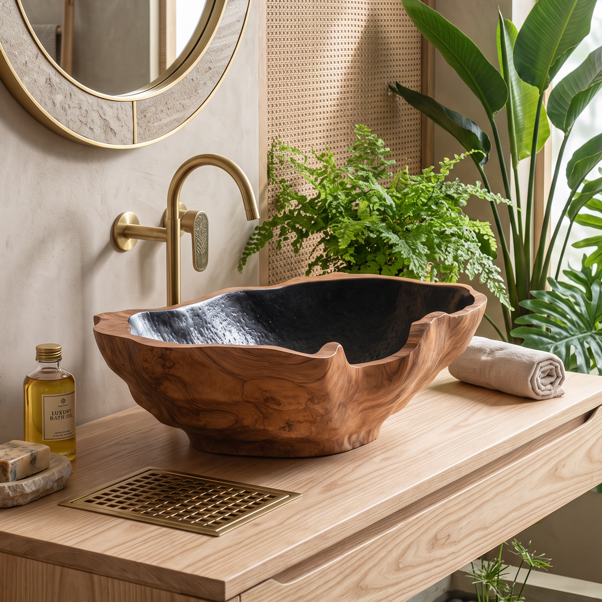 Solid Wood Bathroom Sink, Mid Century Carved Countertop Basin