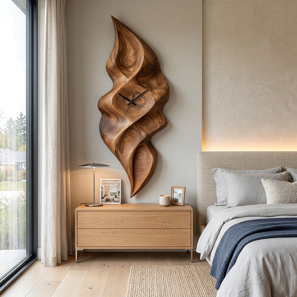 Contemporary Wood Wall Clock with Wave Sculpture for Minimalist Bedroom