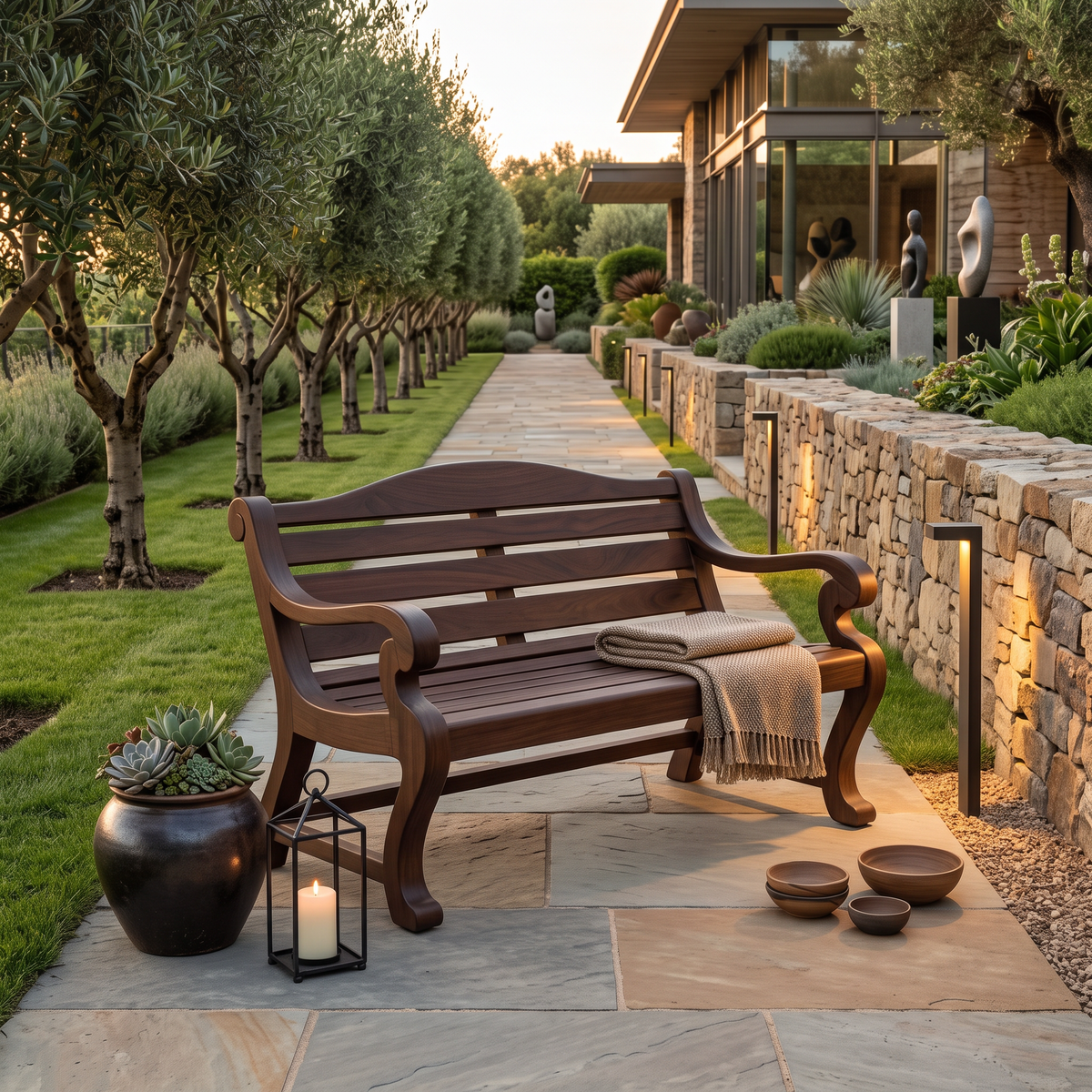 Classic Curved Wood Garden Bench With Sculpted Arms For Patio Or