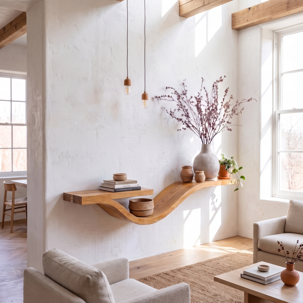 Wavy Floating Shelf, Rustic Live Edge Wall Shelf for Living Room