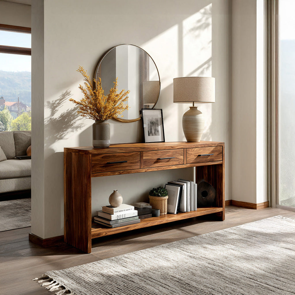 Console Table With Drawers, Solid Wood Entryway Table