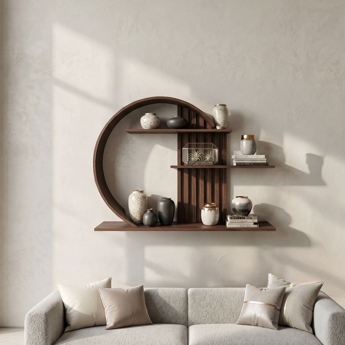 Modern Zen Wall Shelf Circular Slatted Wood Wall Decor