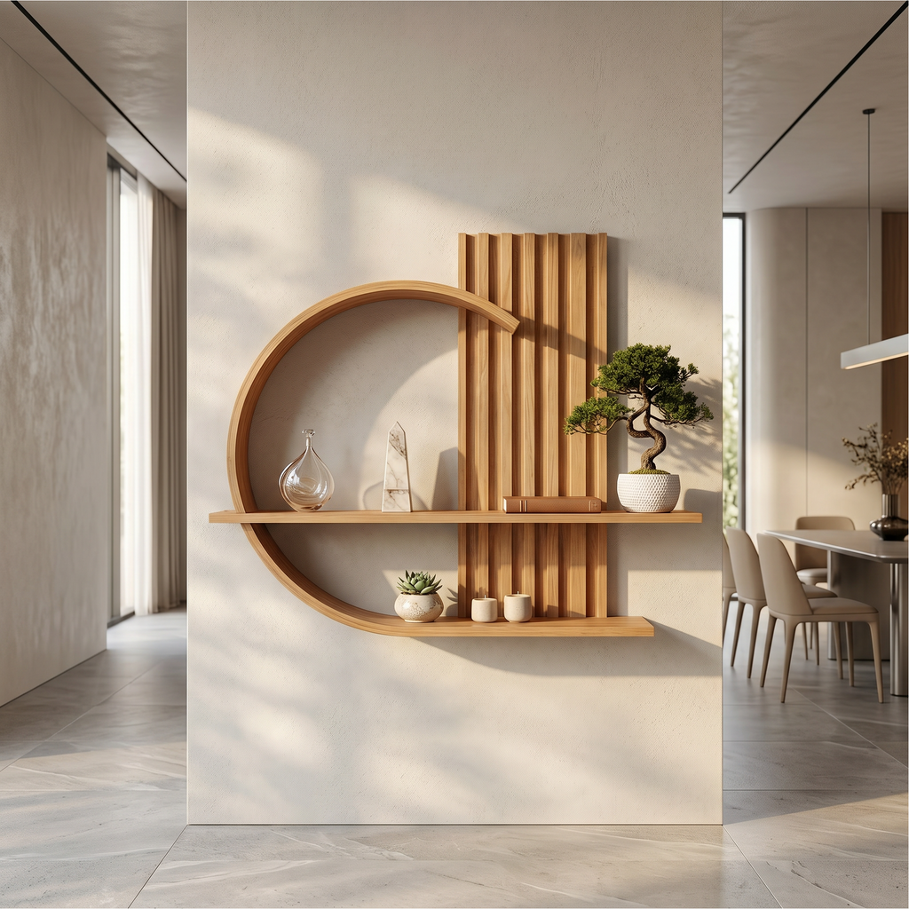 Japandi Floating Wall Shelf, Two-Tier Curved Solid Wood Display