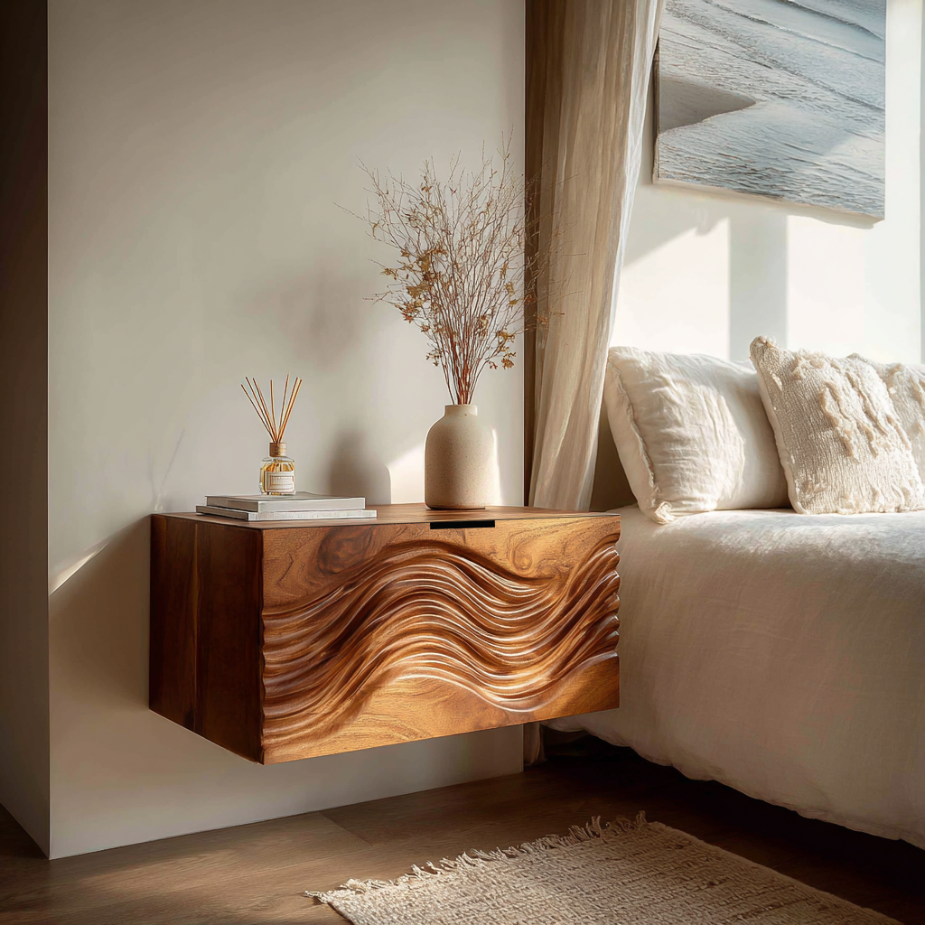 Modern Wooden Floating Nightstand With Wave Carved Drawer Front