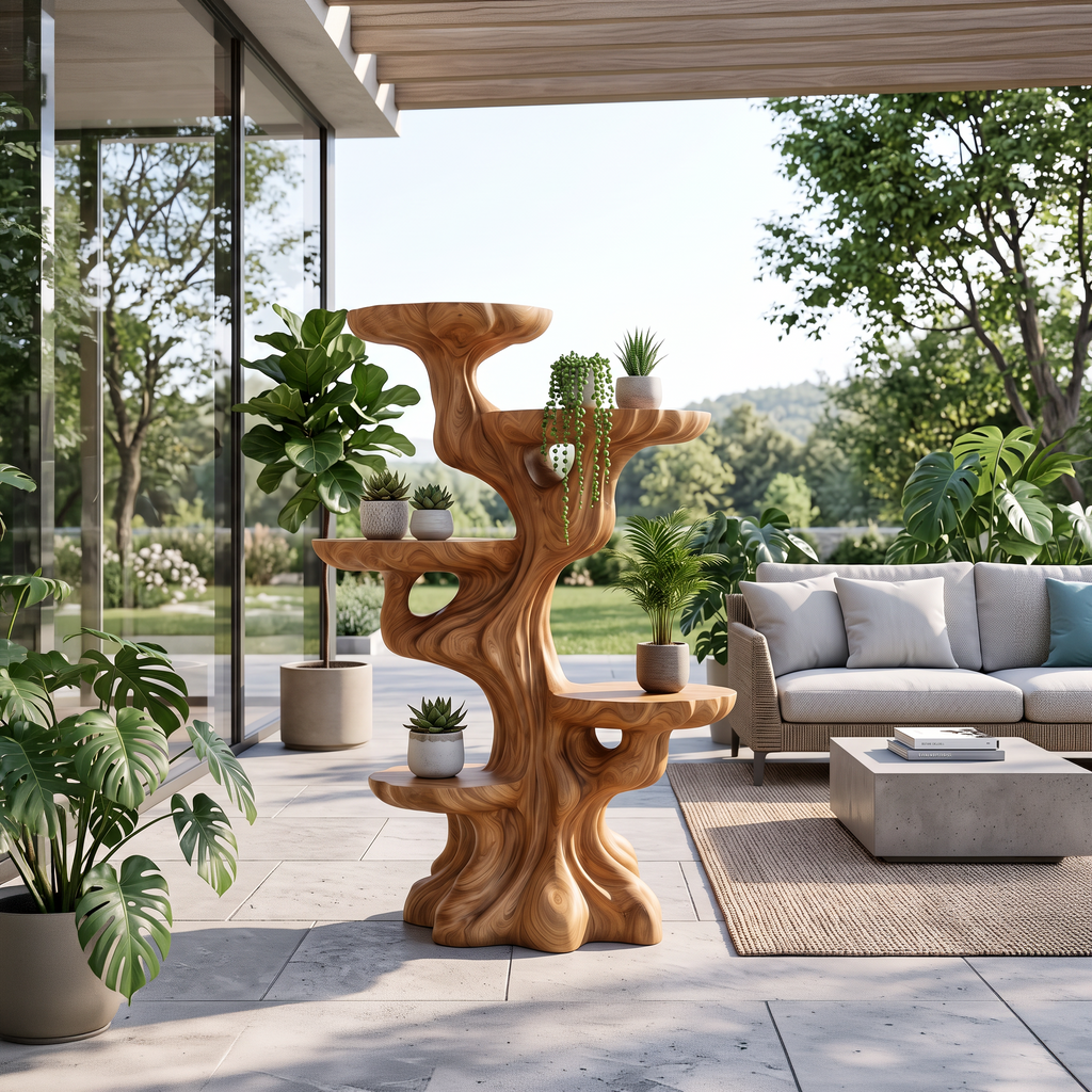 Contemporary Sculptural Plant Stand With Tiered Tree For Entryway