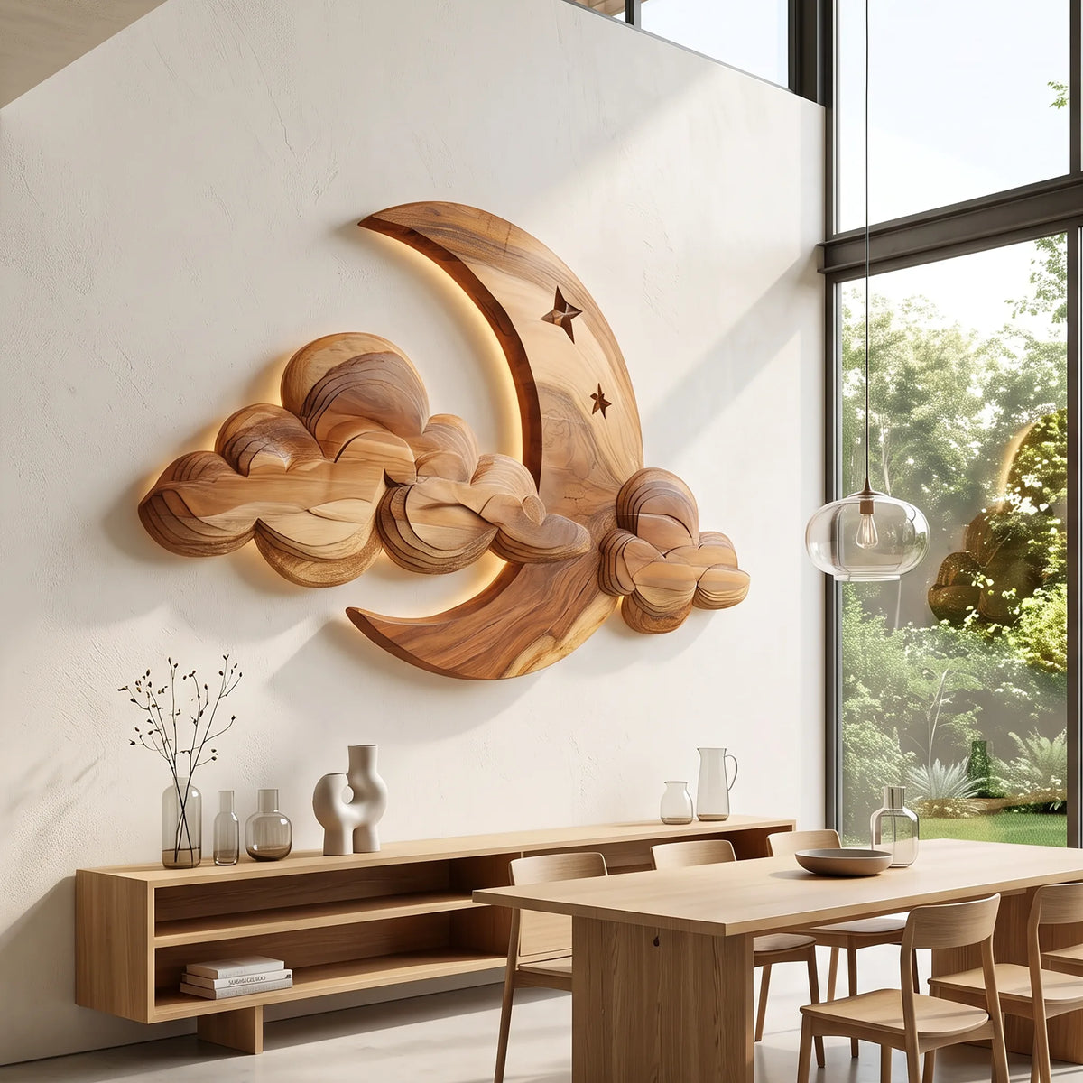 Japandi Carved Wood Wall Art for Dining Room
