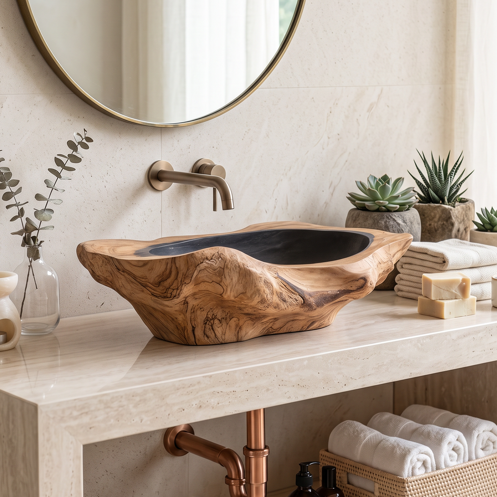 Handcrafted Solid Wood Sink, Live Edge Wooden Vessel Wash Basin Bowl with Natural Wood Grain Texture for Farmhouse Bathroom Vanity