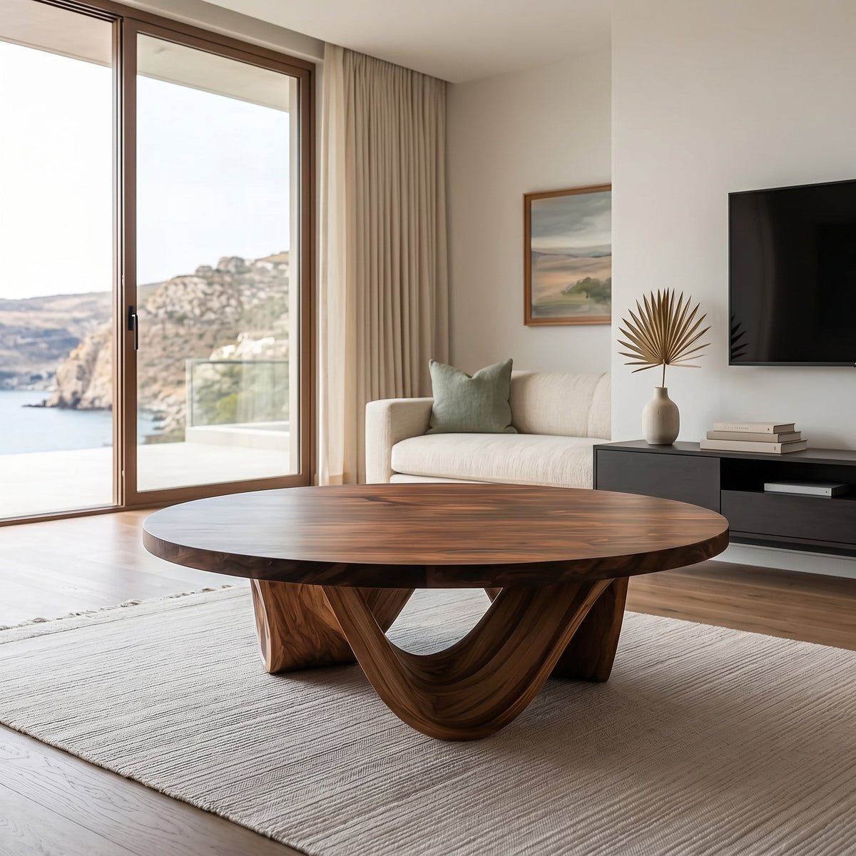 Contemporary Round Coffee Table With Continuously Curved Base For