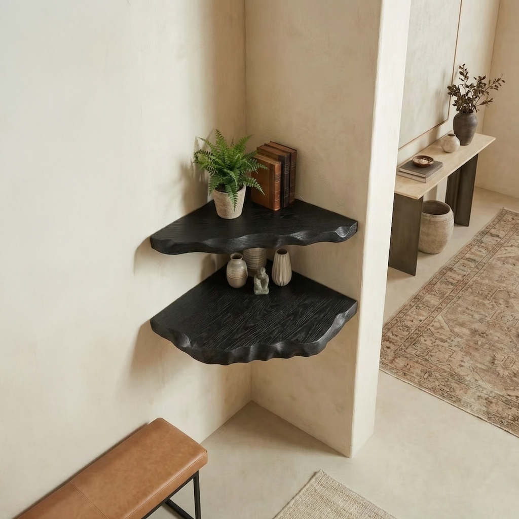 Corner Shelf, Black Rustic Solid Wood Wall Mounted Display Rack