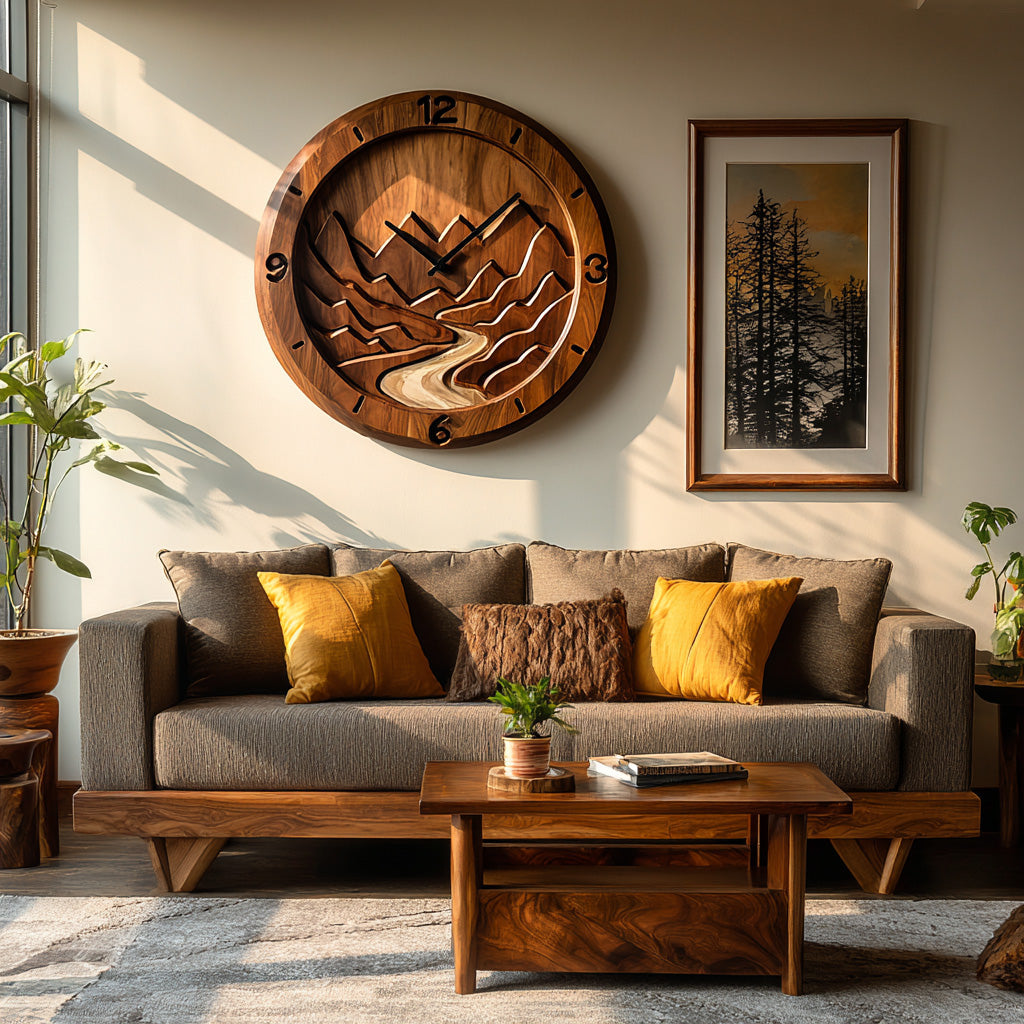 Rustic Wood Wall Clock, Mountain Landscape 3D Hand-Carved Nature Scene Wooden Clock