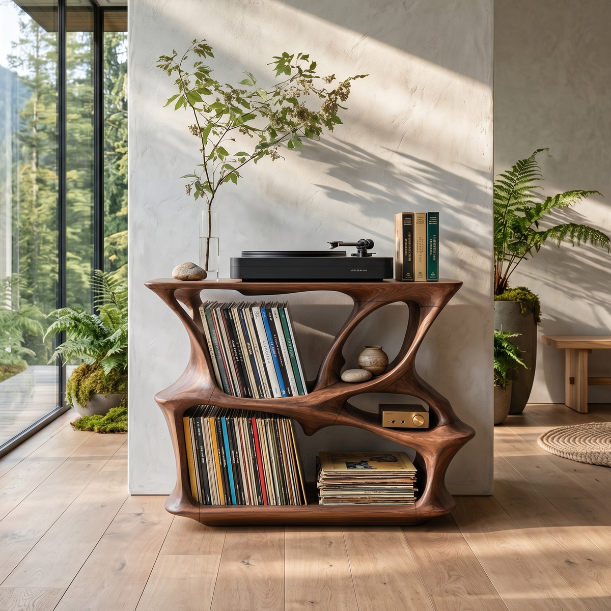 Mid Century Record Stand, Solid Wood Vinyl Storage Cabinet