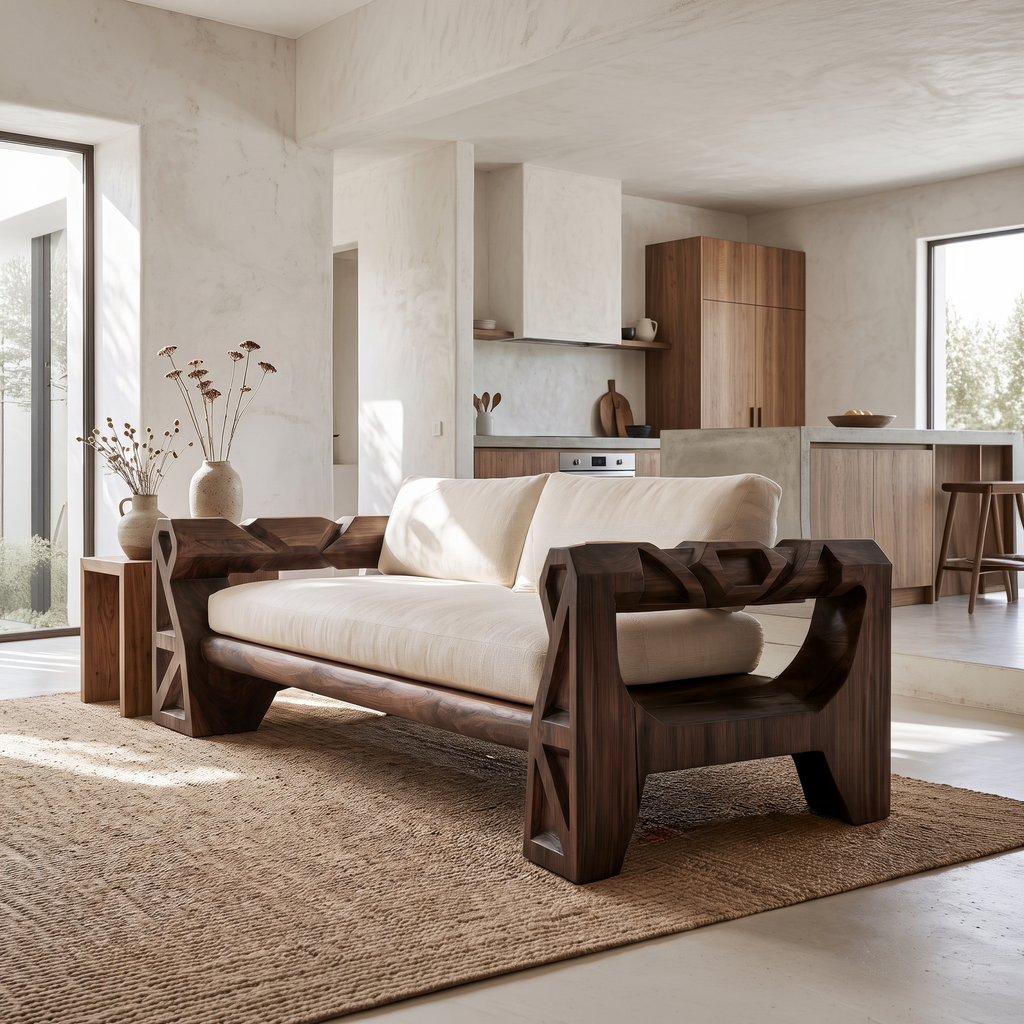 Handcrafted Sofa Frame With Sculptural Wood Armrests For Living Room