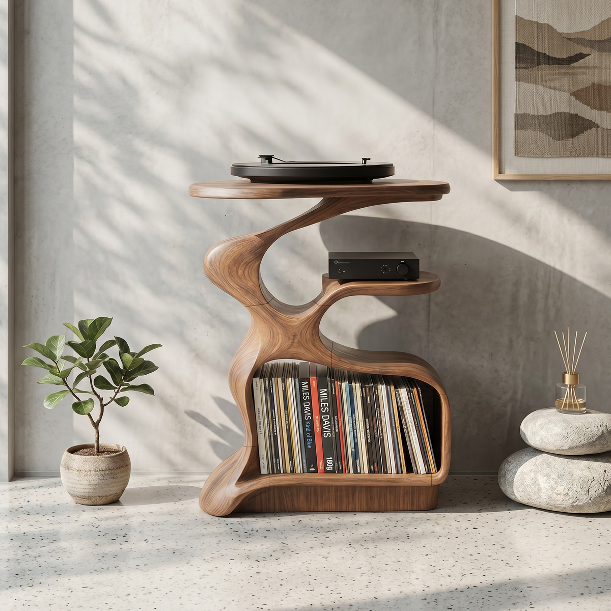 Record Player Stand Mid Century Wood Media Stand for Living Room