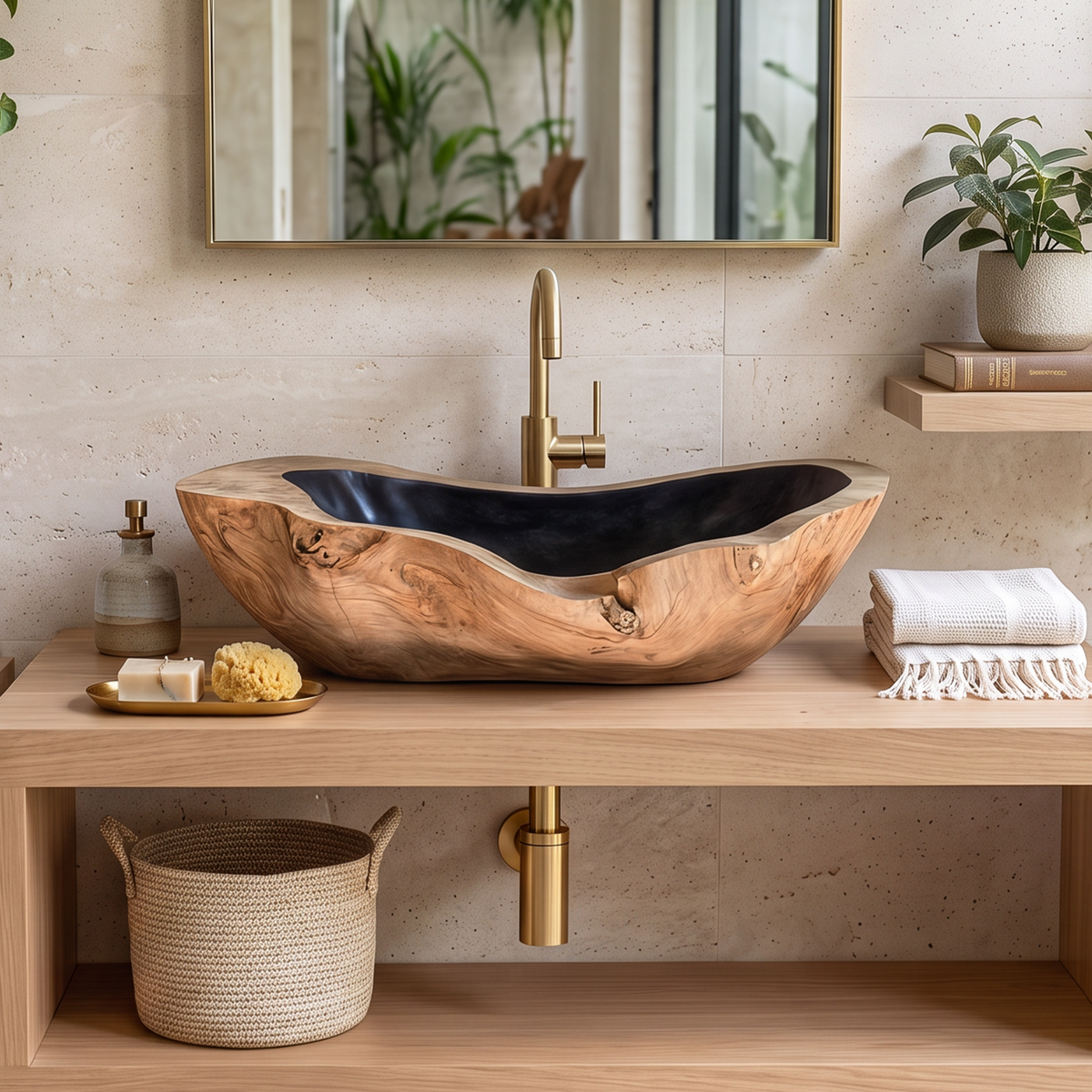 Wooden Vessel Sink, Rustic Solid Hardwood Bathroom Wash Basin