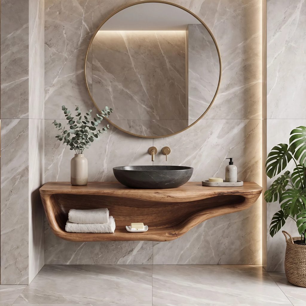 Live Edge Bathroom Vanity, Handcrafted Floating Solid Wood Sink Shelf