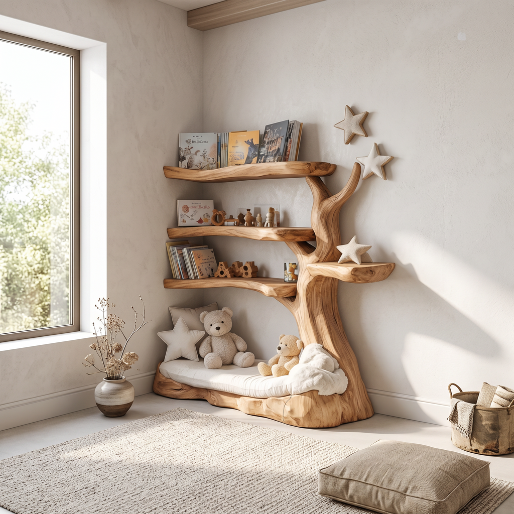 Tree Bookshelf for Nursery, Rustic Branch Shelf for Reading Nook