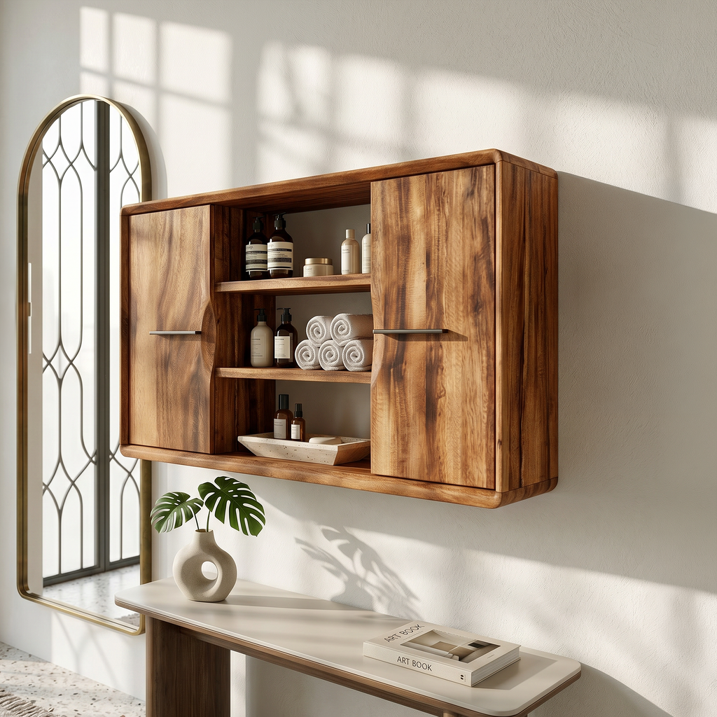 Japandi Solid Wood Open Shelf Bathroom Cabinet