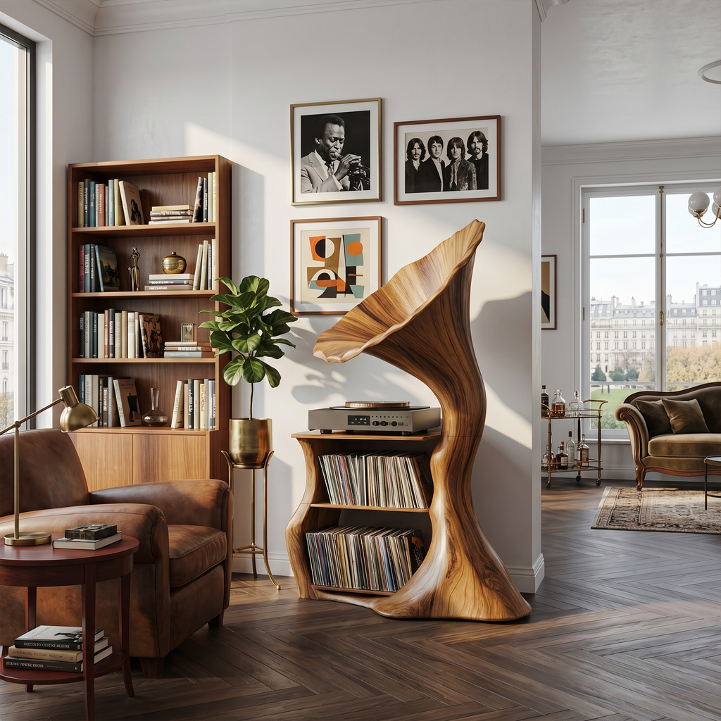 Tall Record Player Stand, Hardwood Cube Vinyl Storage for Living Room