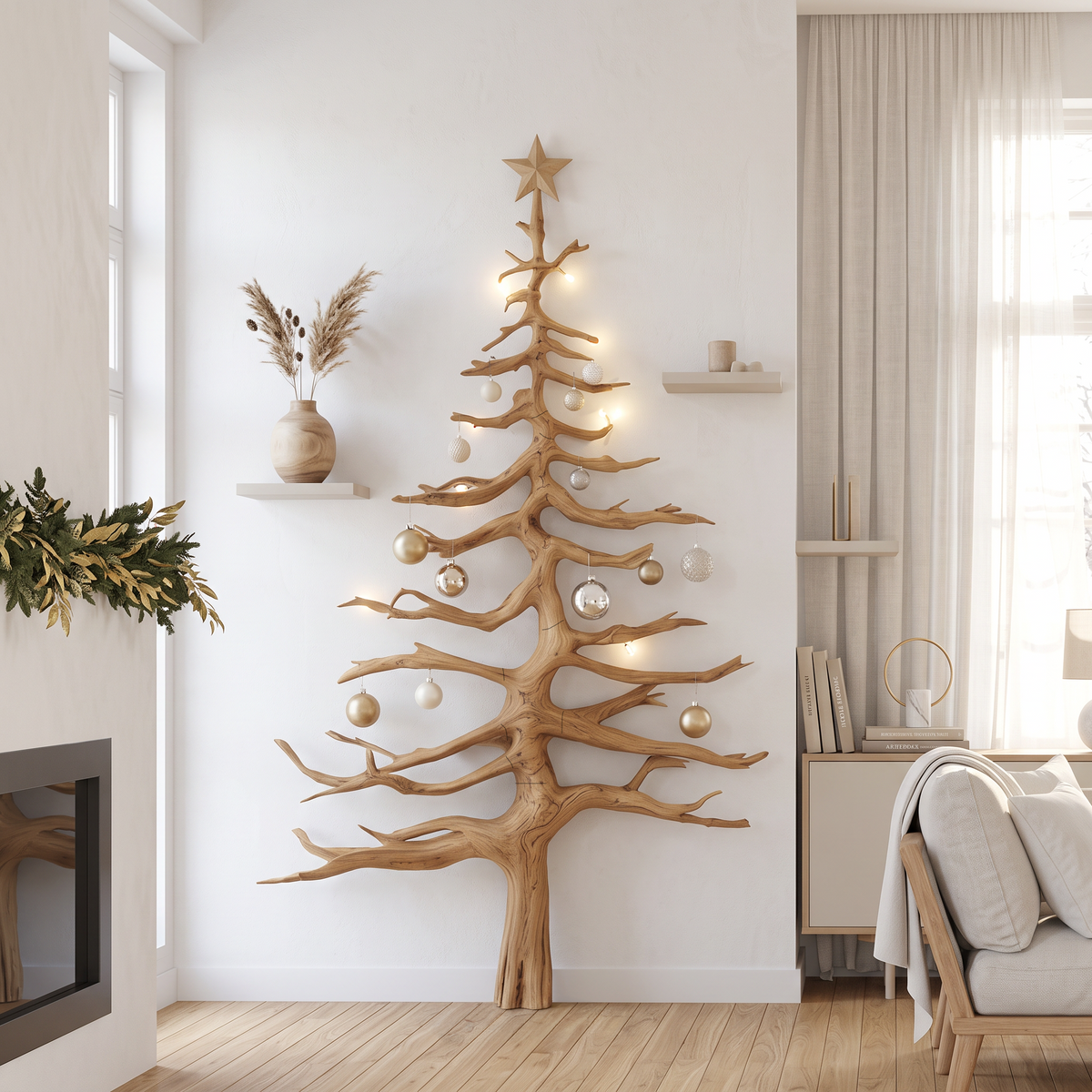 Christmas Tree Wall Decor, Rustic Solid Wood Tree Shelf