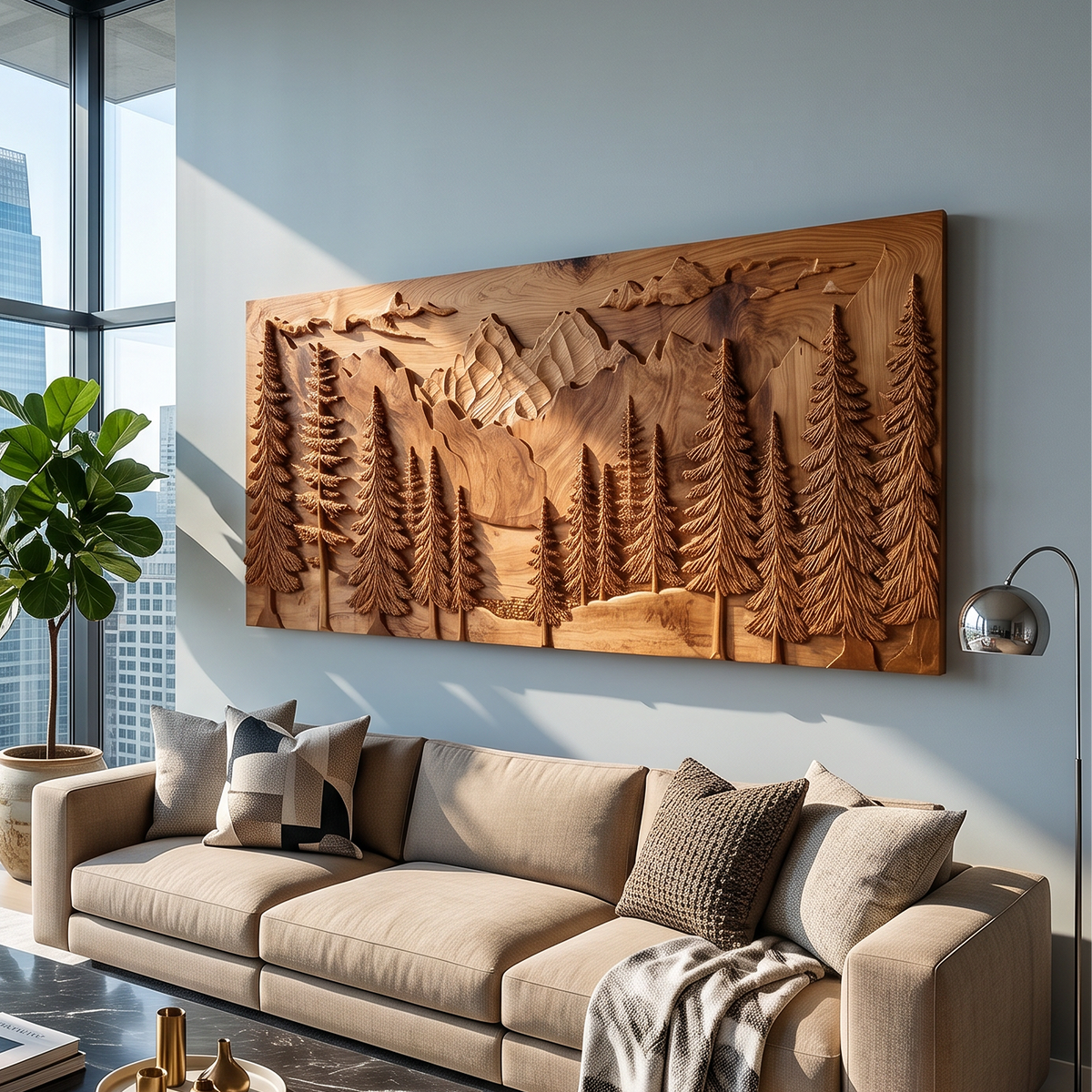 Luxury Carved Pine Forest Wood Wall Art, 3D Handcrafted Woodland Tree Nature Landscape Panel for Cabin Lodge Living Room Decor