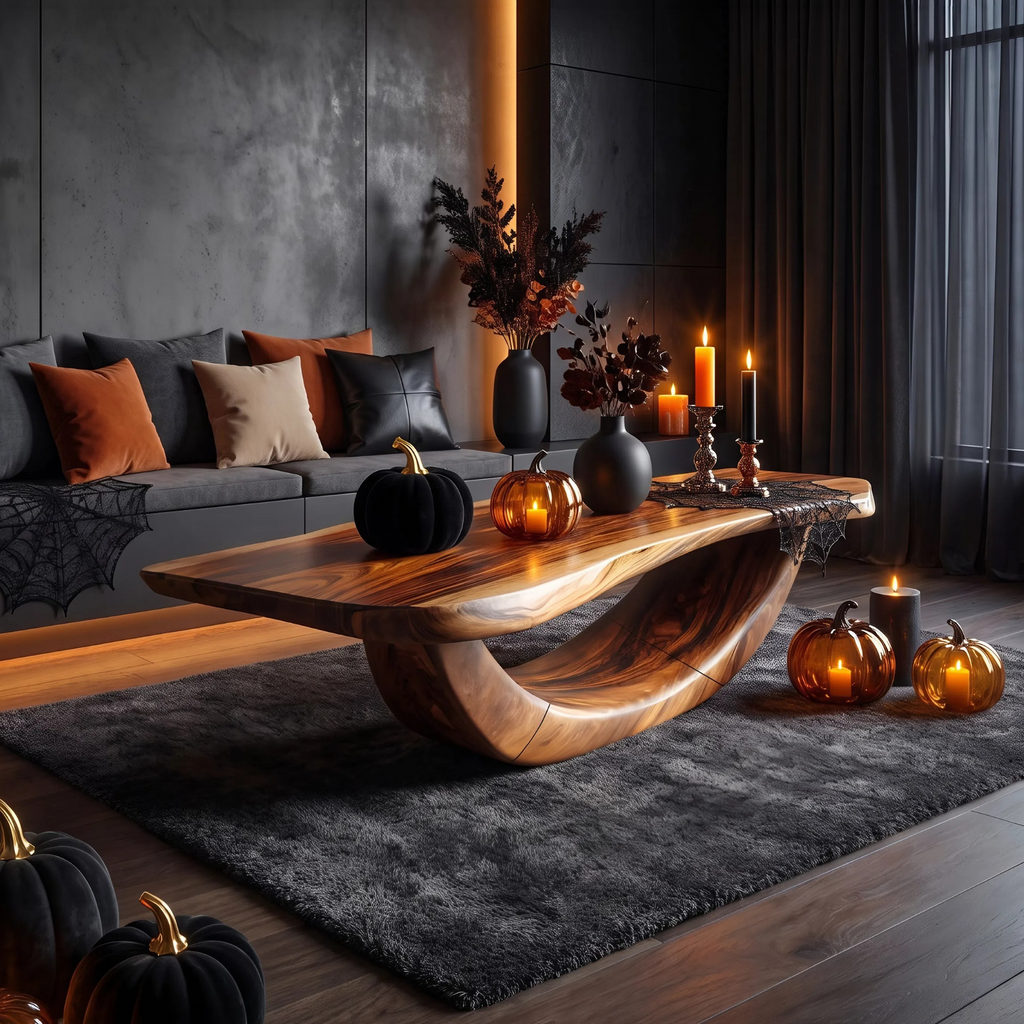 Farmhouse Wooden Live Edge Coffee Table, Dark Reclaimed Solid Wood Center Cocktail Table with Metal Legs, Spooky Decor Theme