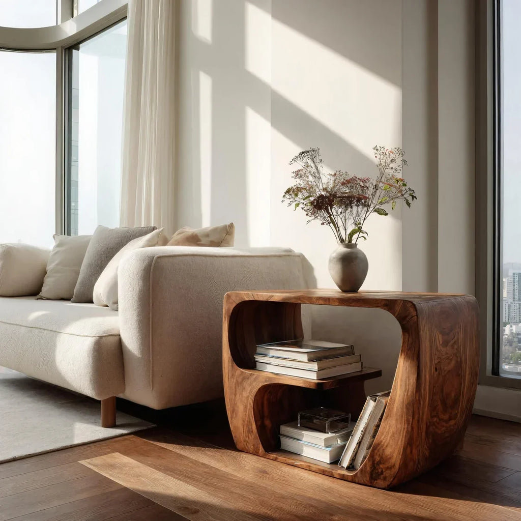 Wooden Side Table with Open Storage, Quiet Luxury Solid Wood End Table