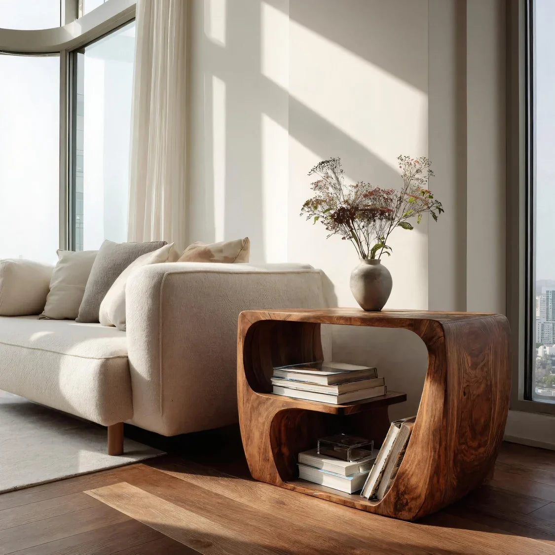 Wooden Side Table with Open Storage, Quiet Luxury Solid Wood End Table