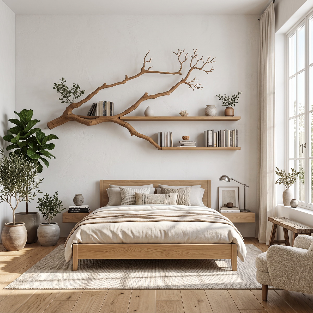 Tree Branch Wall Shelf, Rustic Solid Wood Floating Bookshelf