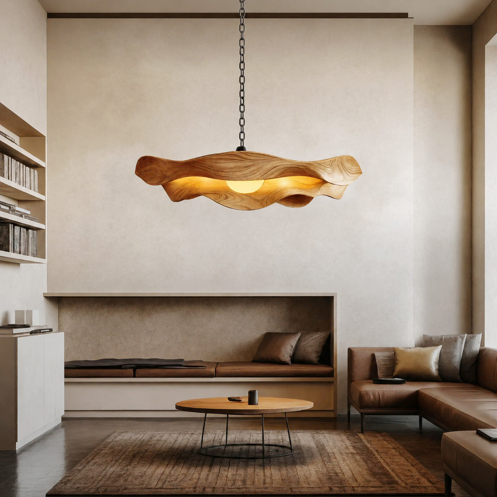 Sculptural Wood Pendant Light, Modern Hanging Ceiling Chandelier