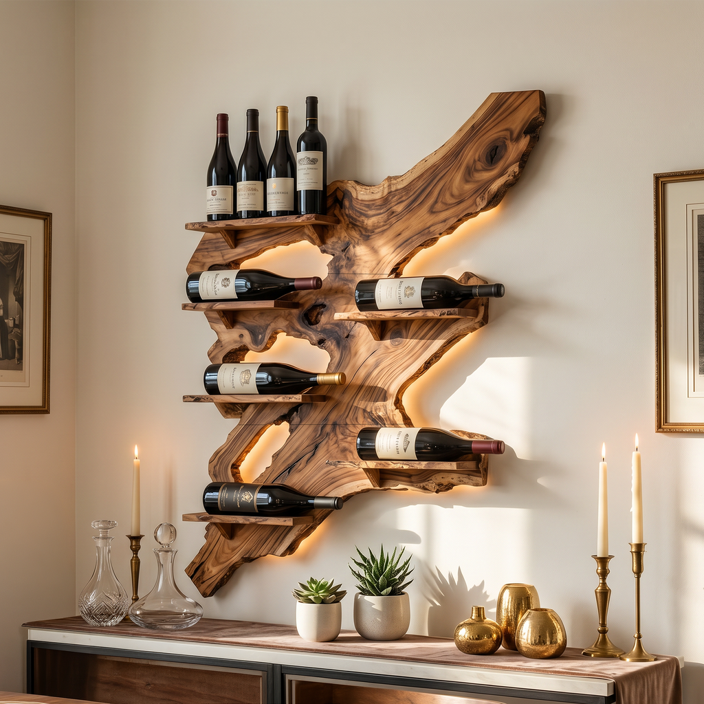 Rustic Wine Rack, Monkey Pod Wood Wall Display for Home Bar