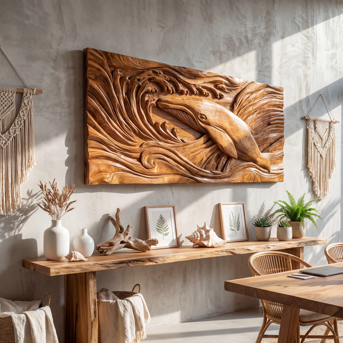 Handcrafted Whale Wood Wall Art For Coastal Boho Interior Design