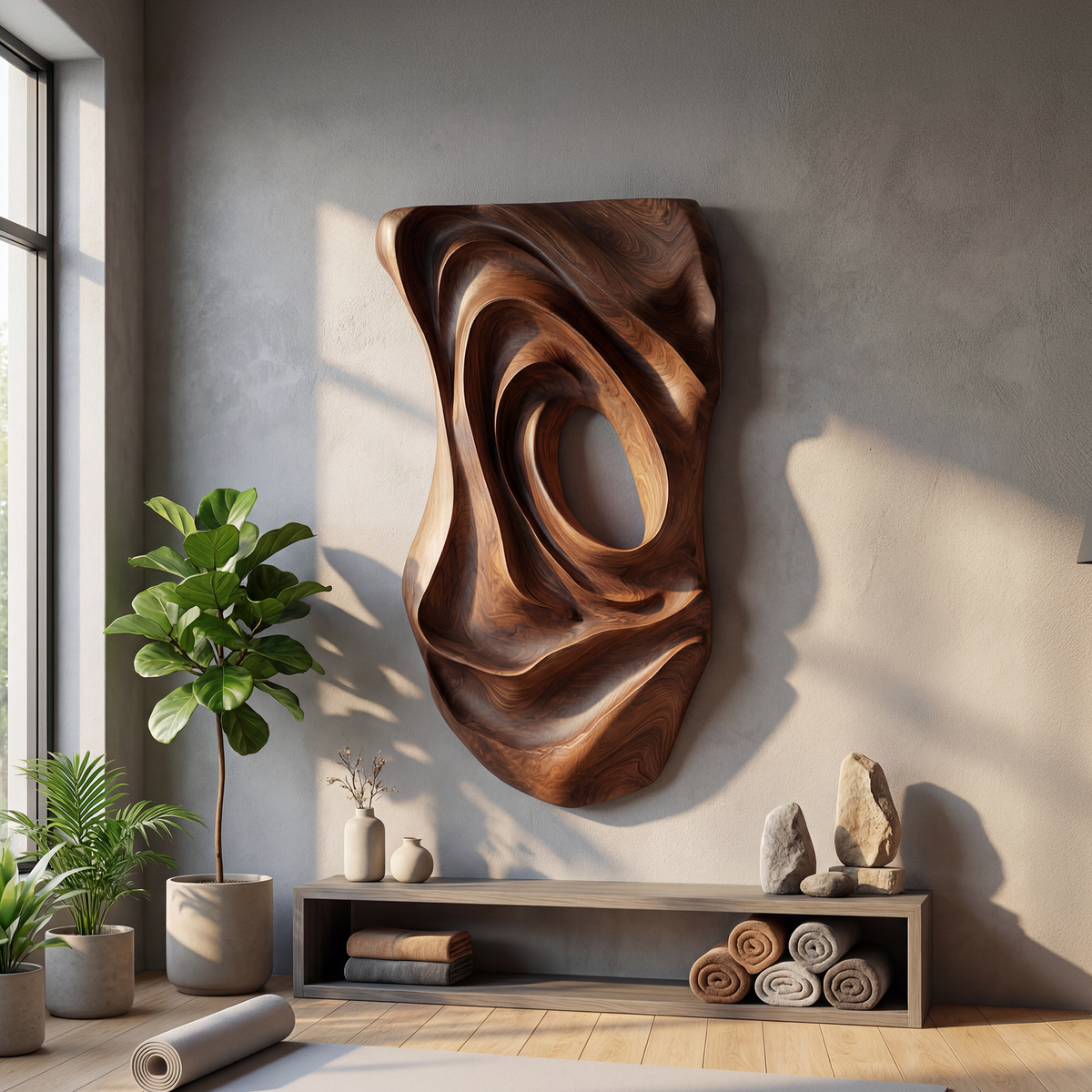 Contemporary Fluid Wood Wall Art Panel, Handcrafted Modern Abstract Ripple Wooden Wall Sculpture Decor for Entryway & Living Room