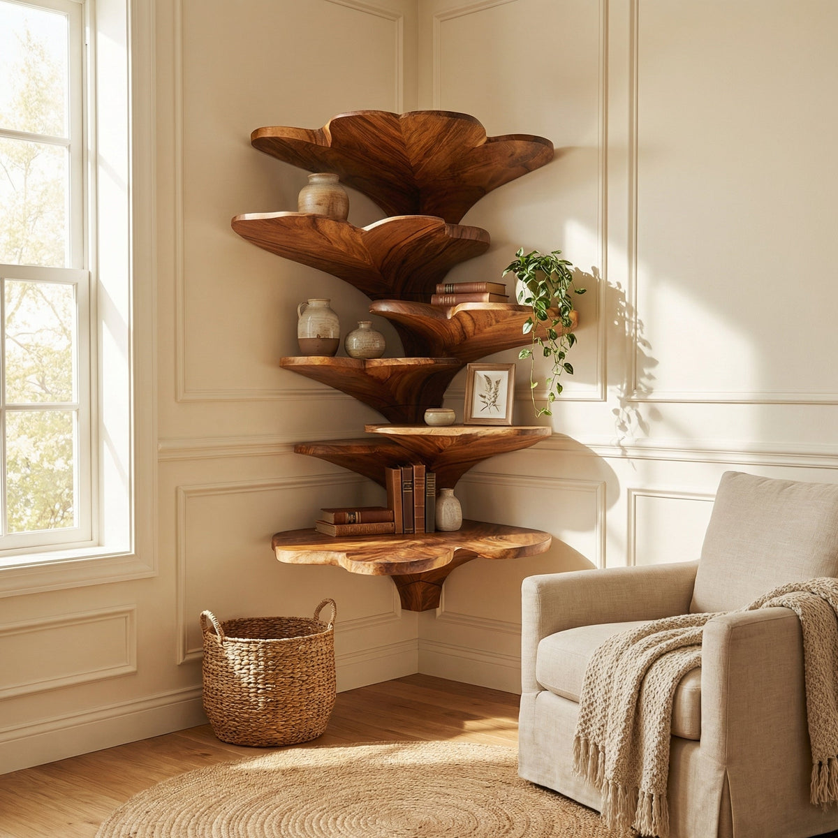 Boho Leaf Shaped Wooden Corner Shelf, Handcrafted Floating Tiered Wall Mounted Display Rack for Kids Nursery & Bedroom Decor