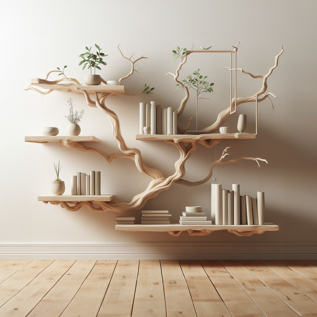 Tree Bookshelf Wall Mounted, Carved Solid Wood Branch Shelf in White