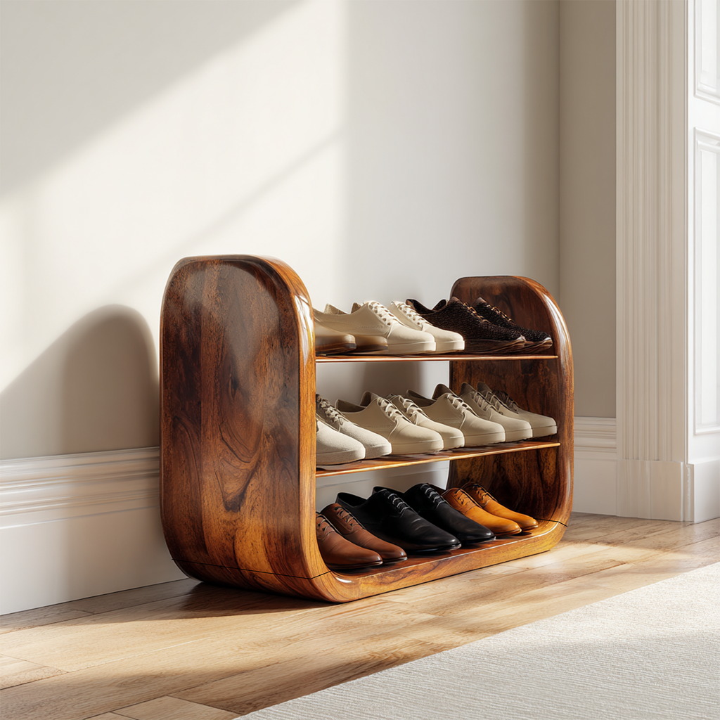Japandi Vertical Wooden Shoe Storage Rack, Slim Space Saving Wood Shoe Organizer Stand for Entryway Nook & Hallway Placement
