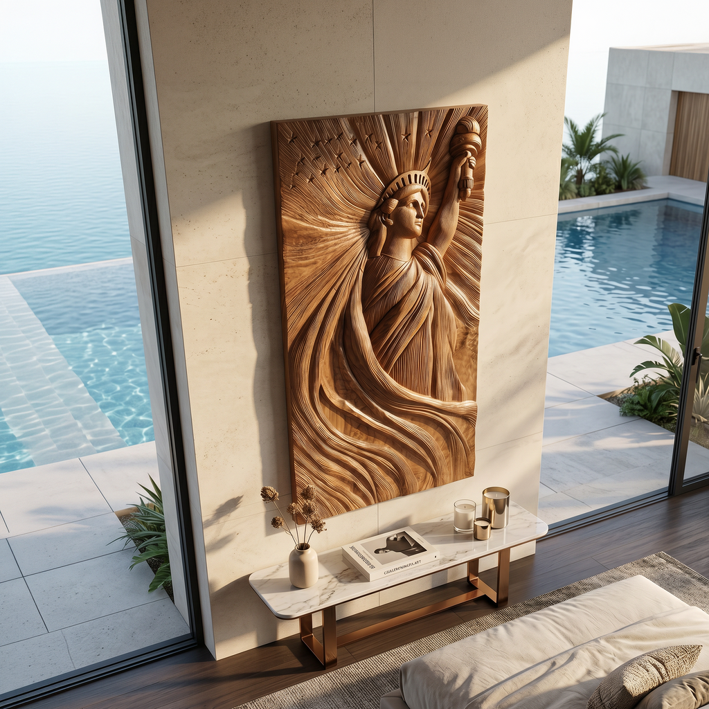 Coastal Modern Statue of Liberty Wood Wall Art, Handcrafted 3D Wooden Icon Sculpture Panel for Luxury Beach Villa Bedroom Decor