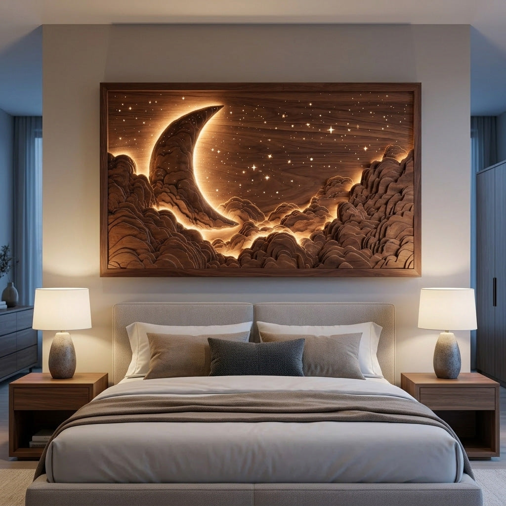 Moon and Stars Wood Wall Art, Hand-Carved Nursery and Bedroom Decor