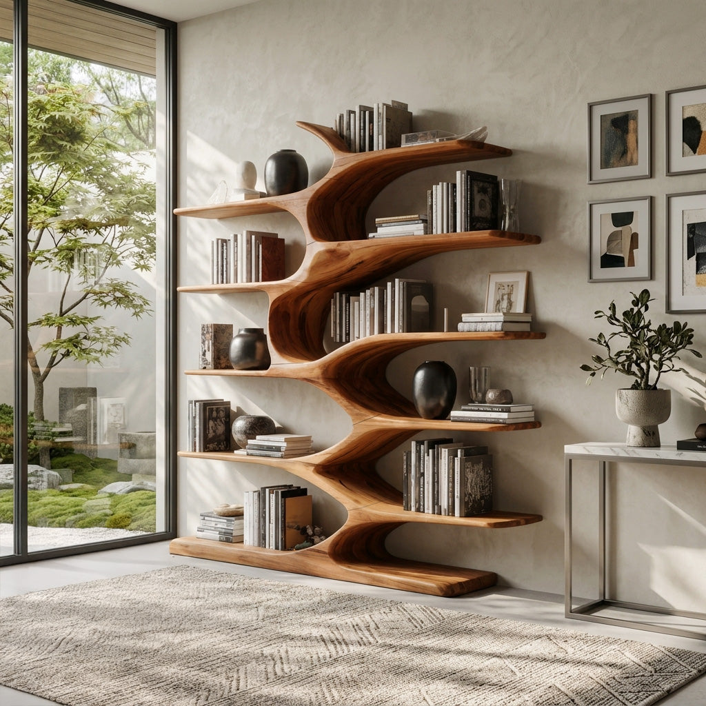 Sculptural Wood Bookshelf, Organic Modern Bookcase for Living Room