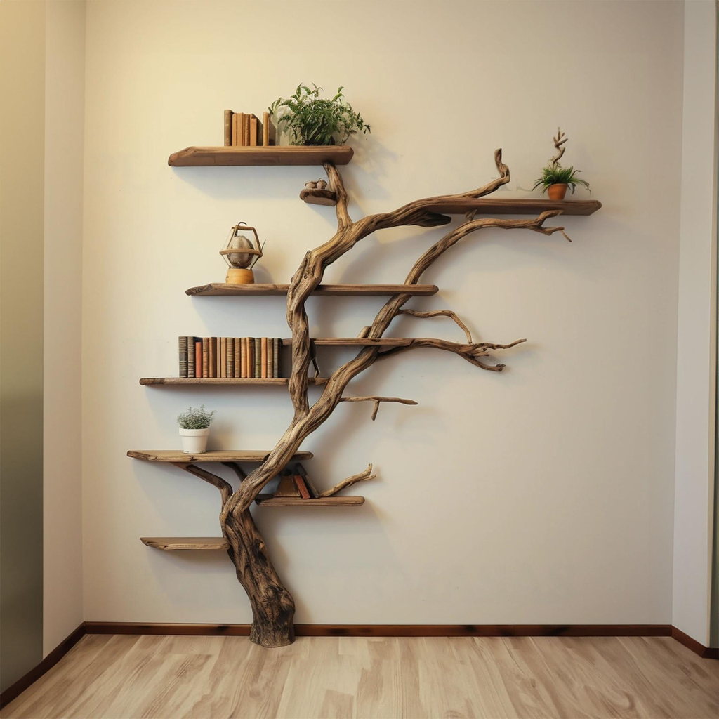 Tall Tree Shelf Wall Mount, Wild Mulberry Wood Bookcase in Dark Brown